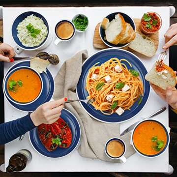 GOOD ALWAYS 16 Piece Christmas Gifts Coffee Cups, Plates and Bowls Sets, Round Ceramic Dinnerware is Kitchen Essentials for New Home (Blue & White)