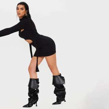 VOMIRA Women's Knee High Stiletto Boots - Pointed Toe High Heels, Wide Calf, Ruched Slouchy Boots - Detachable Snap-off Panel - Mid Calf - Black