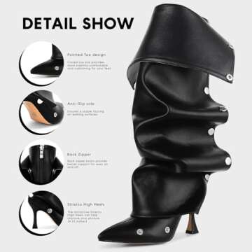 VOMIRA Women's Knee High Stiletto Boots - Pointed Toe High Heels, Wide Calf, Ruched Slouchy Boots - Detachable Snap-off Panel - Mid Calf - Black