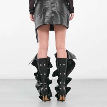 VOMIRA Women's Knee High Stiletto Boots - Pointed Toe High Heels, Wide Calf, Ruched Slouchy Boots - Detachable Snap-off Panel - Mid Calf - Black