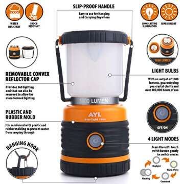 AYL LED Camping Lantern, Battery Powered LED 1800LM, 4 Camping Lights Modes, Perfect Lantern Flashli...