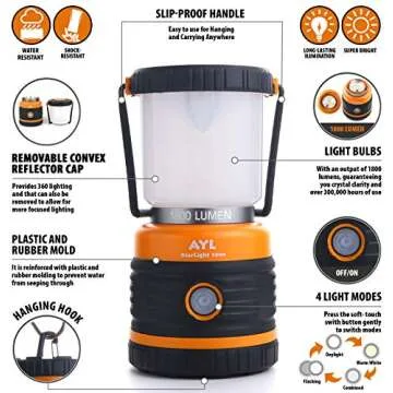 AYL LED Camping Lantern, Battery Powered LED 1800LM, 4 Camping Lights Modes, Perfect Lantern Flashli...
