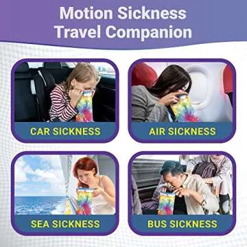 Kids Vomit Bags Disposable 5 Pack - Individually Wrapped Barf Bags with Cute Tie Dye Print - Leak Proof Self Sealing Emesis Bags for Motion Car Sickness and Nausea - Ideal for Taxis, Airplane Travel