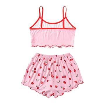 SweatyRocks Women's Summer Cute Printed Cami Top and Shorts Pajamas Set Sleepwear Pink Cheery M