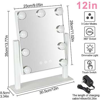 Depuley Makeup Vanity Mirror with Lights, 10X Magnification Hollywood Lighted Mirror with 9 Dimmer Led Bulbs, Plug in Light-up Beauty Mirror, Touch Screen Lighted Table Set Mirror, 360°Rotation(White)