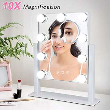 Depuley Makeup Vanity Mirror with Lights, 10X Magnification Hollywood Lighted Mirror with 9 Dimmer Led Bulbs, Plug in Light-up Beauty Mirror, Touch Screen Lighted Table Set Mirror, 360°Rotation(White)