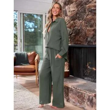 AUTOMET Two Piece Fall Clothes 2023 Fashion Outfits Matching Lounge Wear Linen Wide Leg Palazzo Pants Sets 2 Piece Sweatsuit Tracksuit, Medium, Armygreen