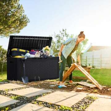 Greesum 100 Gallon Resin Deck Box - Lockable Outdoor Storage for Garden Essentials