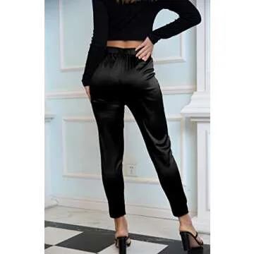 Women's Satin Silky Pants Dress Casual Pull on High Waist Pants with Pockets Drapeblack Medium