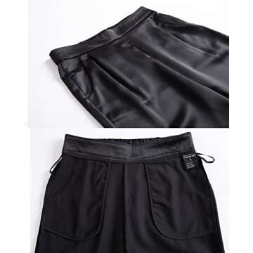 Women's Satin Silky Pants Dress Casual Pull on High Waist Pants with Pockets Drapeblack Medium