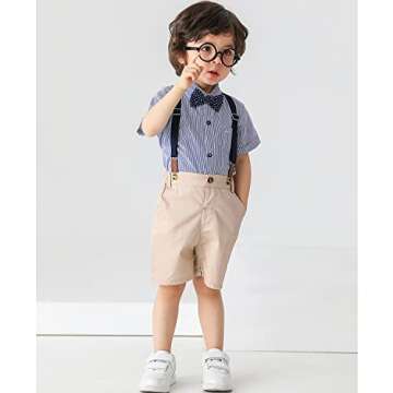 Baby Boys Gentleman Outfits Suits, Infant Blue Shirt+Bib Shorts+Tie+Suspenders Clothing Set,2-3Y