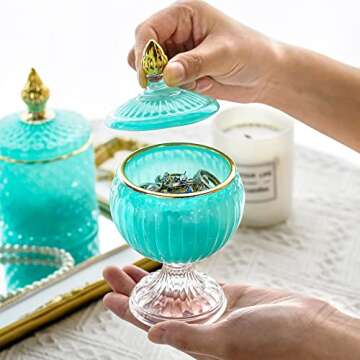 Vintage Glass Jewelry Box Trinket Box,Candy Dish with Lid Glass Decorative Box with Lid,Crystal Apothecary Decor Box, Birthday Gifts For Friends Female (Blue)