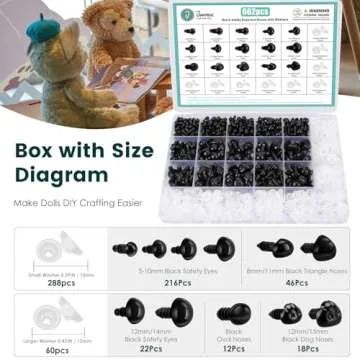 662Pcs Safety Eyes and Noses for Amigurumi, Junreox Preimum Safety Eyes for Crochet Stuffed Animals, 5-14mm Assorted Plastic Crochet Craft Eyes with Washers for Teddy Bear, Dolls, Plushies Toys, Black