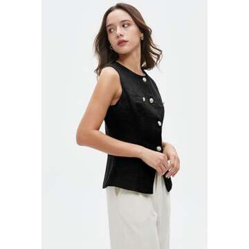 Women's Tweed Blazer Vest Sleeveless Button Front Casual Blazer Jackets Work Office Vest Black