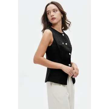 Women's Tweed Blazer Vest Sleeveless Button Front Casual Blazer Jackets Work Office Vest Black