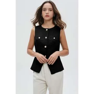 Women's Tweed Blazer Vest Sleeveless Button Front Casual Blazer Jackets Work Office Vest Black
