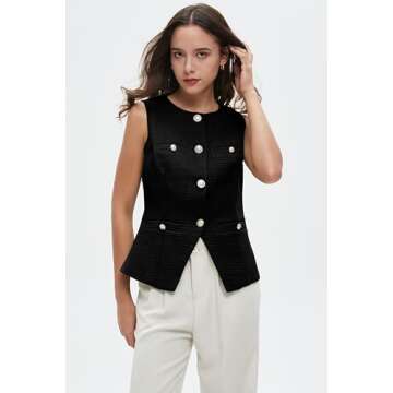 Women's Tweed Blazer Vest Sleeveless Button Front Casual Blazer Jackets Work Office Vest Black
