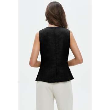 Women's Tweed Blazer Vest Sleeveless Button Front Casual Blazer Jackets Work Office Vest Black