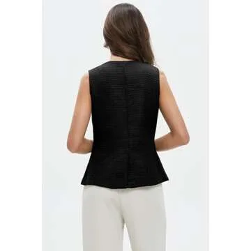 Women's Tweed Blazer Vest Sleeveless Button Front Casual Blazer Jackets Work Office Vest Black