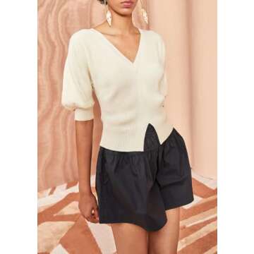 Saodimallsu Womens Puff Short Sleeve Sweaters V Neck Trendy Sexy Knit Split Hem Pullover Sweater Top Beige, Large