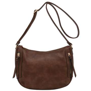 FashionPuzzle Faux Leather Two Front Zipper Pocket Crossbody Saddle Bag (Coffee)