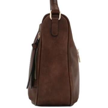 FashionPuzzle Faux Leather Two Front Zipper Pocket Crossbody Saddle Bag (Coffee)