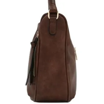 FashionPuzzle Faux Leather Two Front Zipper Pocket Crossbody Saddle Bag (Coffee)