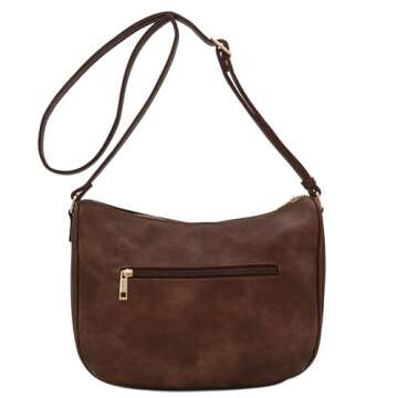 FashionPuzzle Faux Leather Two Front Zipper Pocket Crossbody Saddle Bag (Coffee)