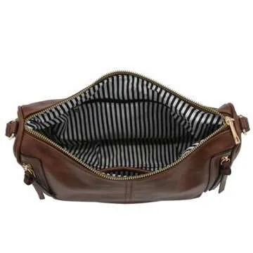 FashionPuzzle Faux Leather Two Front Zipper Pocket Crossbody Saddle Bag (Coffee)