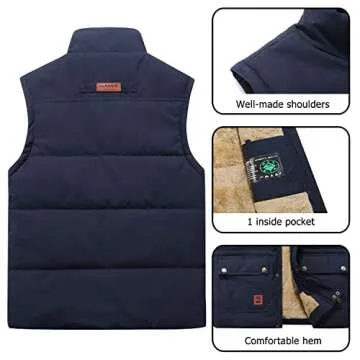 Vcansion Men's Outdoor Casual Stand Collar Thicken Qulited Fleece Jacket Vest Padded Vest Lightweight Down Cotton Vest Coat Black US S