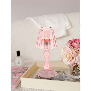 Gurfuy Desk Lamp Shaped Glass Candle Holder - Glass Hurricane Candleholder Crystal Decorative Candle Stand for Table Wedding Dinning Centerpieces Party Supplies Festival Decor Pink