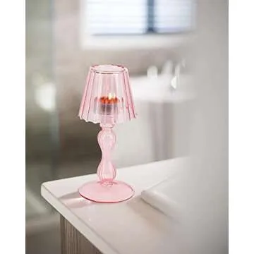 Gurfuy Desk Lamp Shaped Glass Candle Holder - Glass Hurricane Candleholder Crystal Decorative Candle Stand for Table Wedding Dinning Centerpieces Party Supplies Festival Decor Pink