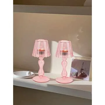 Gurfuy Desk Lamp Shaped Glass Candle Holder - Glass Hurricane Candleholder Crystal Decorative Candle Stand for Table Wedding Dinning Centerpieces Party Supplies Festival Decor Pink