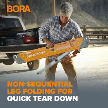 Bora Portamate Speedhorse Sawhorse Pair– Two Pack, Table Stand with Folding Legs, Metal Top for 2x4, Heavy Duty Pro Bench Saw Horse for Woodworking, Carpenters, Contractors, PM-4500T,Orange