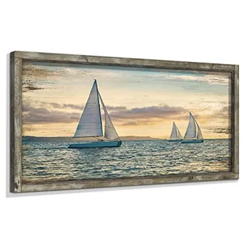 Seascape Framed Wooden Wall Art: Coastal Sailboat Sunset