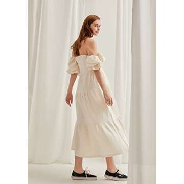 NOTHING FITS BUT Kiko Baby Shower Maternity Gown, Women’s Cotton Modal Classic Linen Smocked Nursing Dress, Short Puffed Sleeves, Off Shoulder, Ruffled Details, Medium, Cream