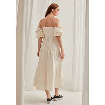 NOTHING FITS BUT Kiko Baby Shower Maternity Gown, Women’s Cotton Modal Classic Linen Smocked Nursing Dress, Short Puffed Sleeves, Off Shoulder, Ruffled Details, Medium, Cream