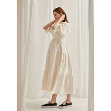 NOTHING FITS BUT Kiko Baby Shower Maternity Gown, Women’s Cotton Modal Classic Linen Smocked Nursing Dress, Short Puffed Sleeves, Off Shoulder, Ruffled Details, Medium, Cream