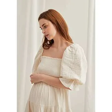 NOTHING FITS BUT Kiko Baby Shower Maternity Gown, Women’s Cotton Modal Classic Linen Smocked Nursing Dress, Short Puffed Sleeves, Off Shoulder, Ruffled Details, Medium, Cream