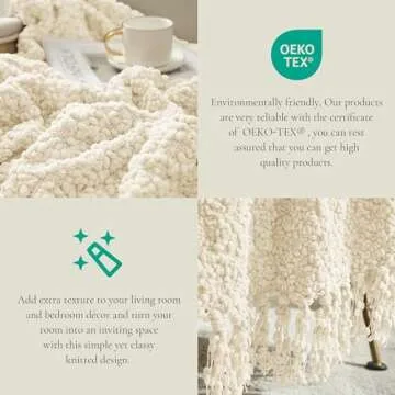 Amélie Home Chunky Soft Fluffy Knit Throw Blankets Textured Mulberry Throw Blanket with Handmade Tassels Woven Luxury Farmhouse Throws for Couch Sofa Bed (Ivory, 50 x 60)