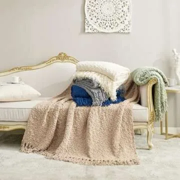 Amélie Home Chunky Soft Fluffy Knit Throw Blankets Textured Mulberry Throw Blanket with Handmade Tassels Woven Luxury Farmhouse Throws for Couch Sofa Bed (Ivory, 50 x 60)