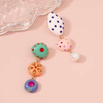 Channel V Asymmetrical Candy Color Rhinestone Earrings Festival Unique Trendy Bridal Statement Boho Vintage Drop Earrings Handmade Big Long Tassel Jewelry Korean Fashion for Women