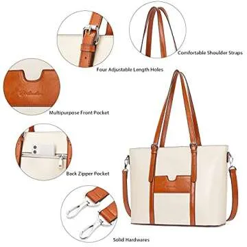 BOSTANTEN Women Leather Laptop Tote Office Shoulder Handbag Vintage Briefcase 15.6 inch Computer Work Purse Beige