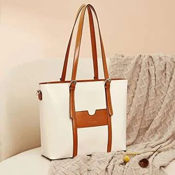 BOSTANTEN Women Leather Laptop Tote Office Shoulder Handbag Vintage Briefcase 15.6 inch Computer Work Purse Beige