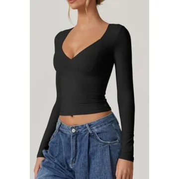 QINSEN Women's Long Sleeve Sexy V Neck Tee Top