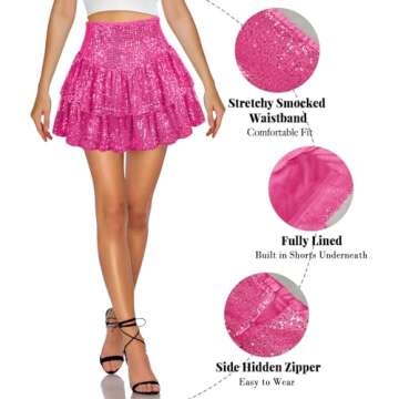 MIYIEONZ Women Sequin Skirt Sparkly Cute High Waist Ruffle Flowy Shiny Glitter Mini Short Skirts Nig...