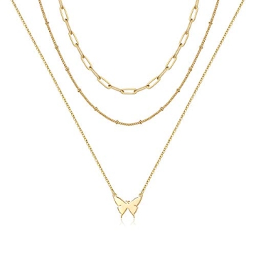 Turandoss 14K Gold Plated Layered Butterfly Necklace - Layering Link Chain Necklaces