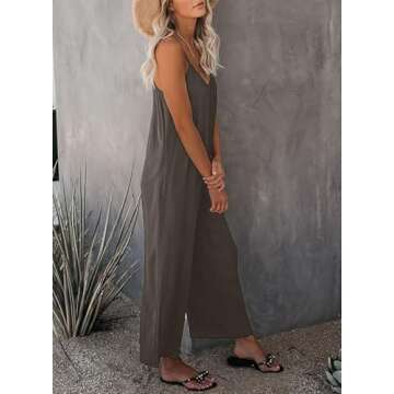 Dokotoo Women's Loose Jumpsuits for Women Adjustable Spaghetti Strap Stretchy Wide Leg Solid One Piece Sleeveless Long Pant Romper Jumpsuit with Pockets Gray Medium