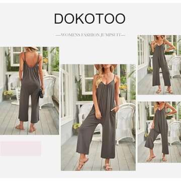 Dokotoo Women's Loose Jumpsuits for Women Adjustable Spaghetti Strap Stretchy Wide Leg Solid One Piece Sleeveless Long Pant Romper Jumpsuit with Pockets Gray Medium