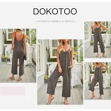 Dokotoo Women's Loose Jumpsuits for Women Adjustable Spaghetti Strap Stretchy Wide Leg Solid One Piece Sleeveless Long Pant Romper Jumpsuit with Pockets Gray Medium